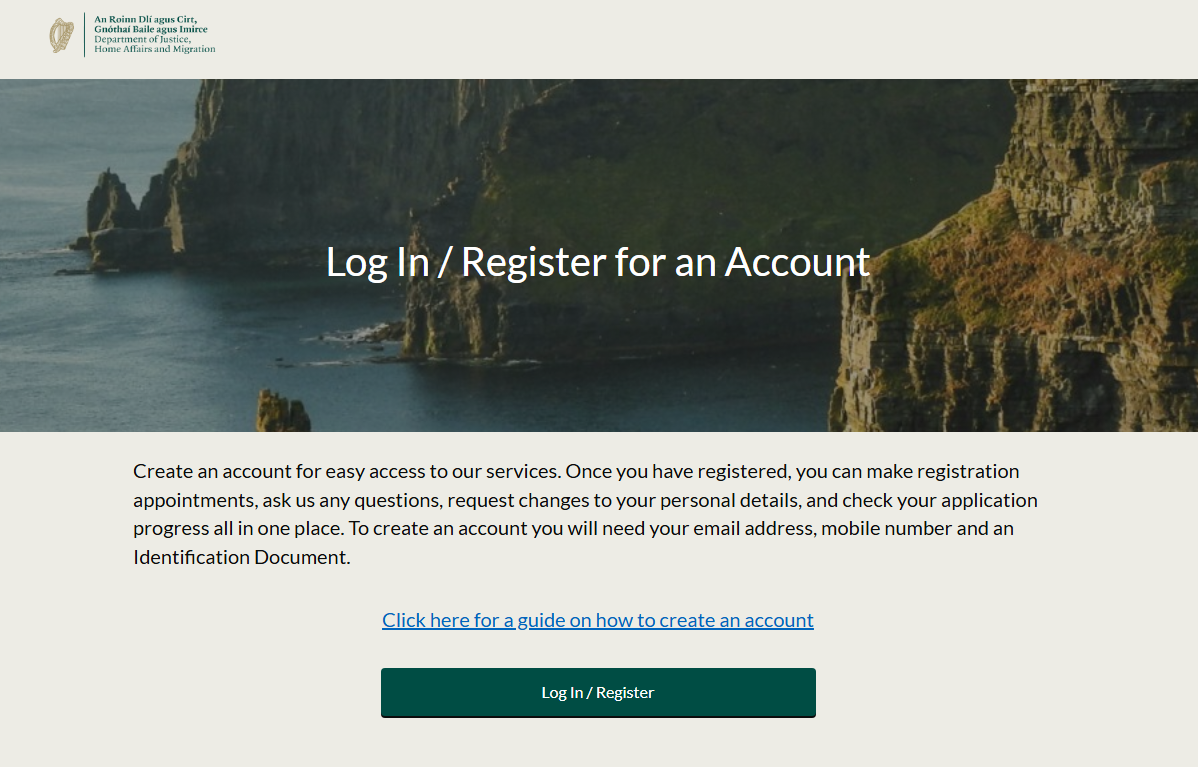A screenshot of the Log In / Register page for the Irish immigration portal