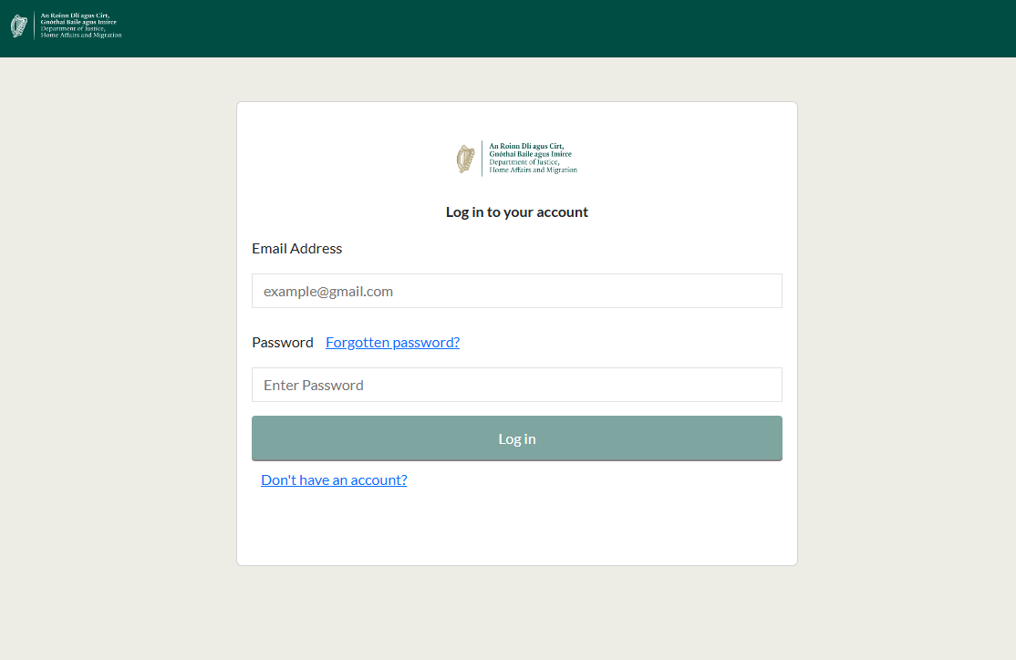 The account login page for the Irish immigration portal