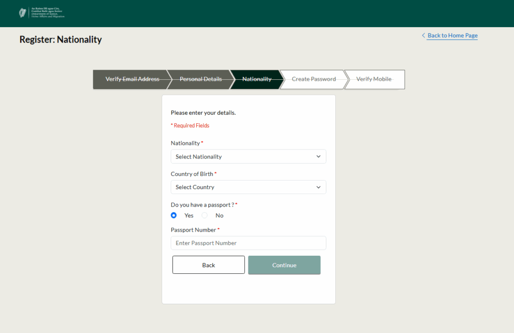 An image of the Irish Immigration customer service portal nationality and date of birth capture page