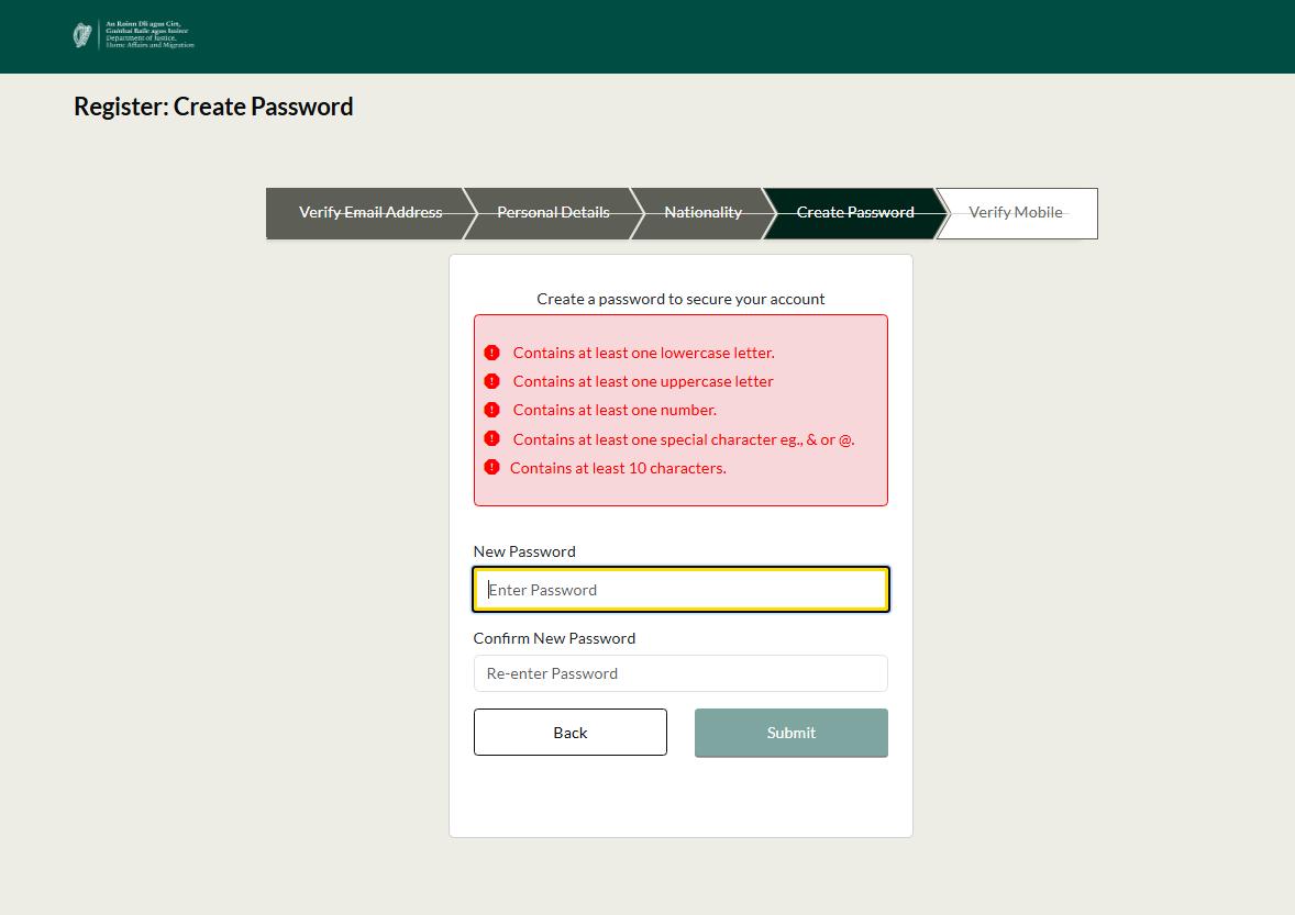 An image of the Irish Immigration customer service portal password creation page