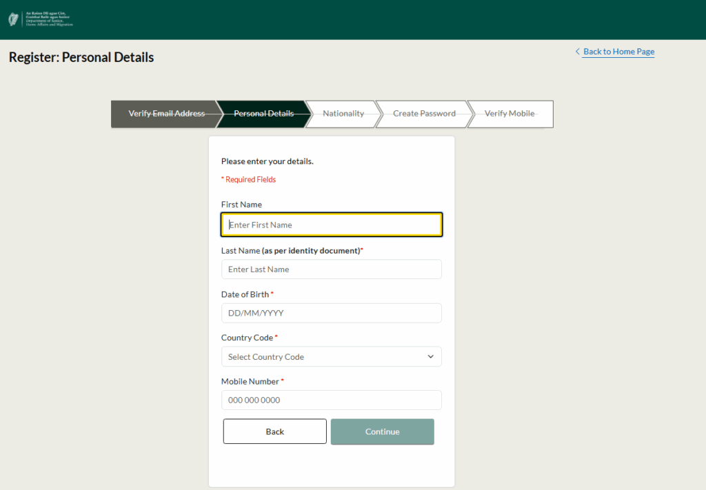 An image of the Irish Immigration customer service portal for entering your personal details