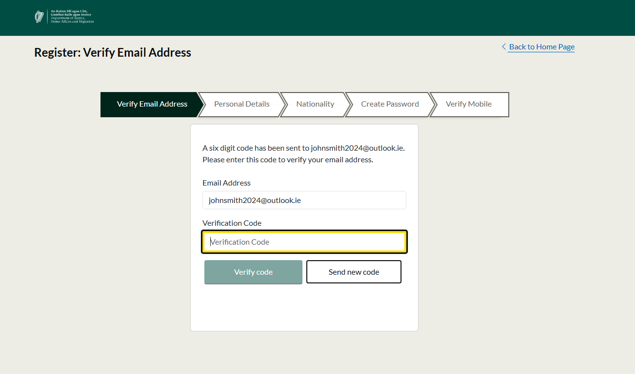 An image of the Irish Immigration customer service portal showing how to verify an email address using a verification code