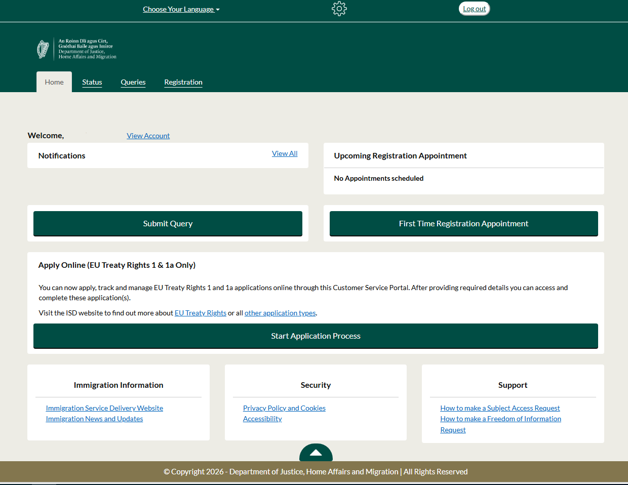An image of the Irish Immigration customer service portal dashboard
