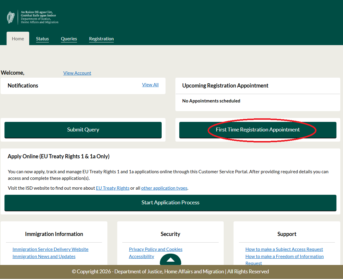 An image of the Irish Immigration customer service portal dashboard with the first time registrations highlighted