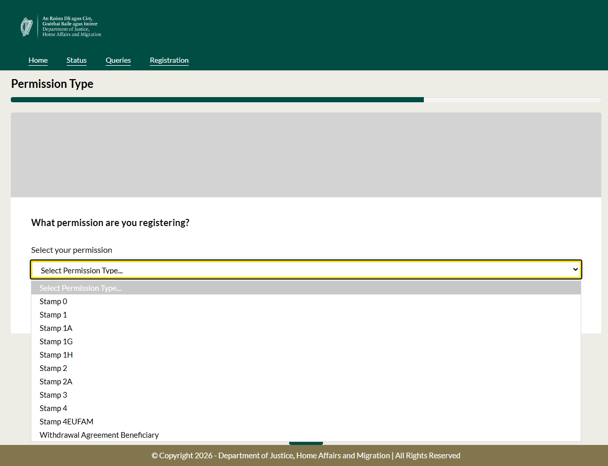 An image from the Irish immigration customer portal showing how to select the permission type you are registering for from a dropdown menu on the dashboard