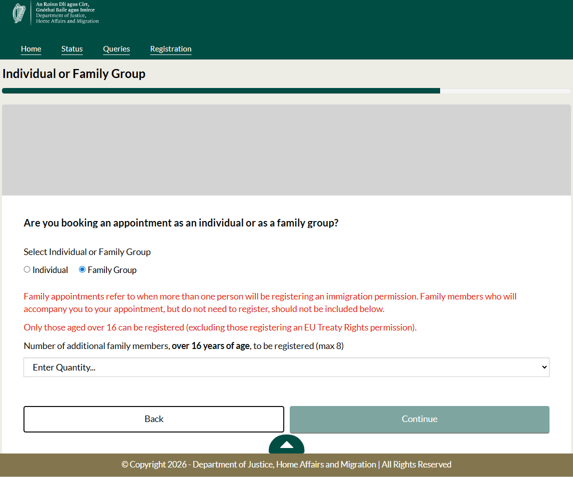 An image from the Irish immigration customer portal showing booking appointments selection for first time registration process
