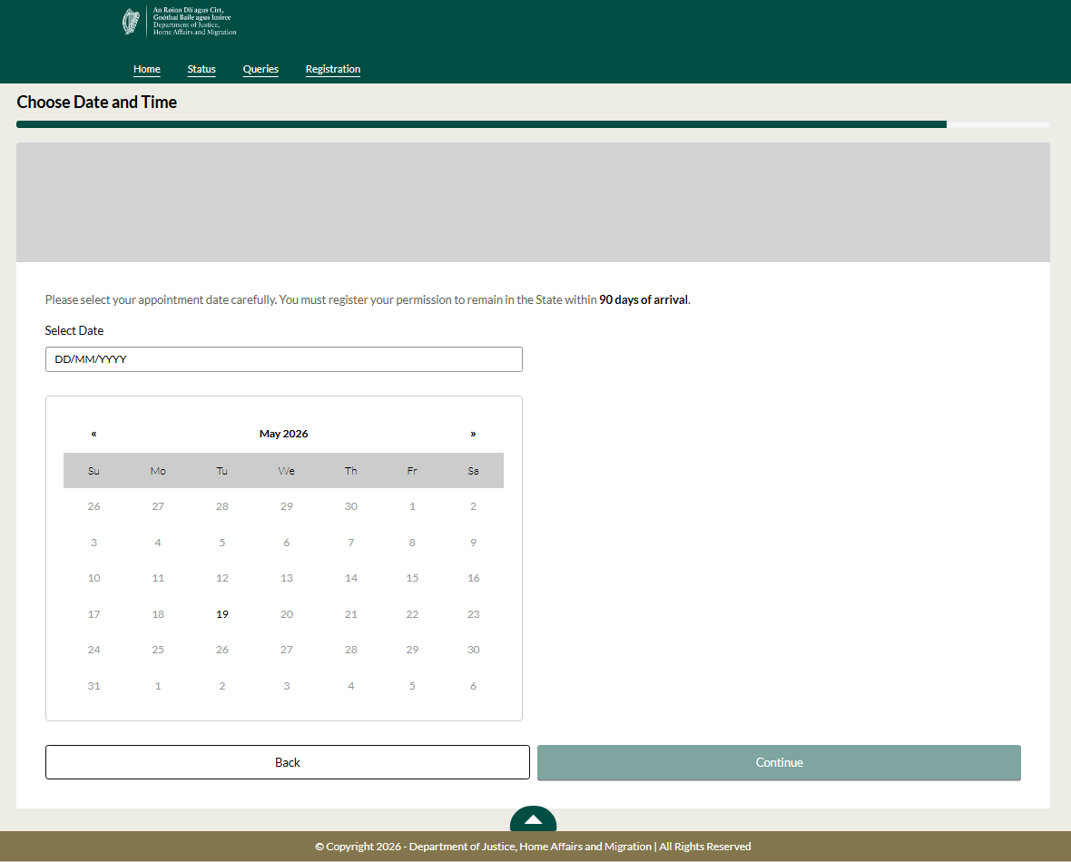 An image from the Irish immigration customer portal showing appointment date selection for first time registration process