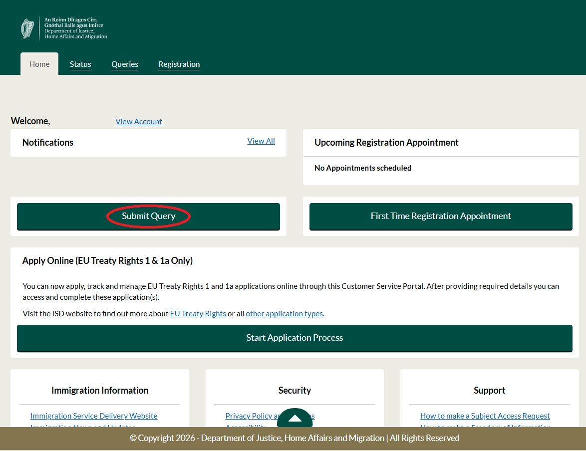 An image from the Irish immigration customer portal showing how to select a query from the dashboard