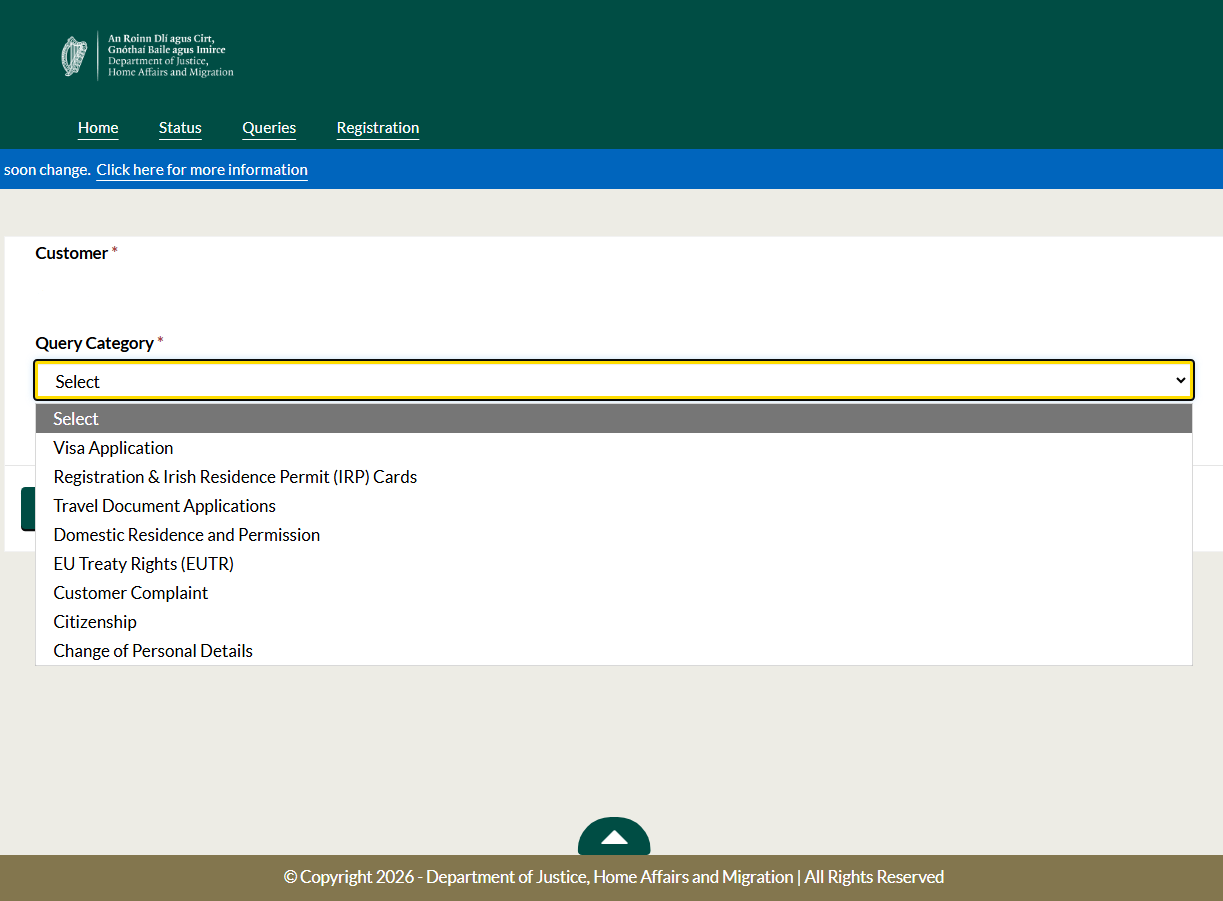 An image from the Irish immigration customer portal showing how to select a query category from the dashboard dropdown menu