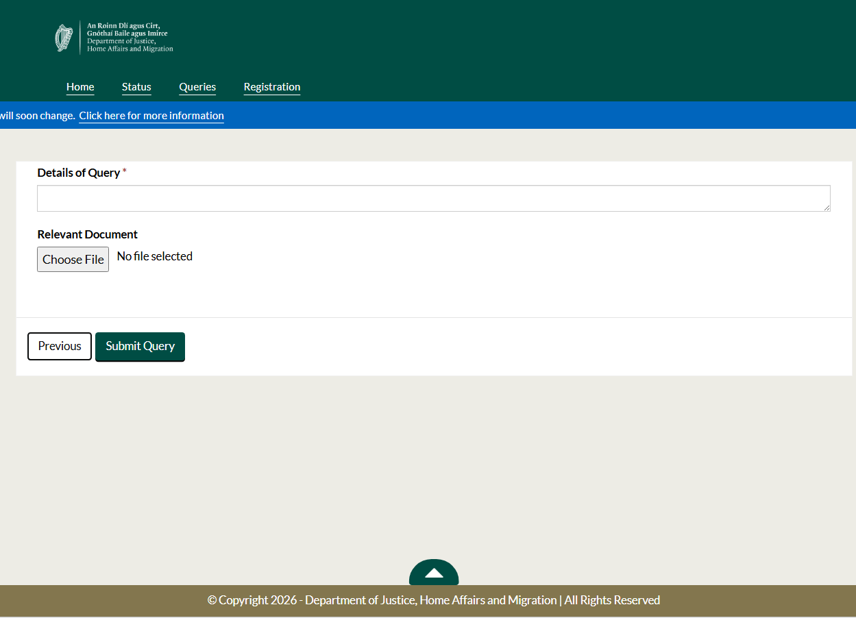 An image from the Irish immigration customer portal showing how to enter the details of a query from the dashboard