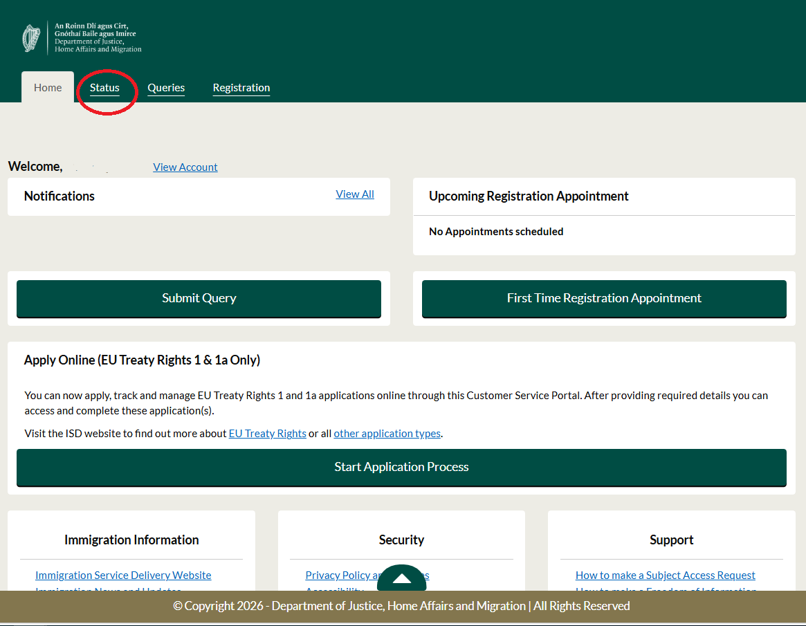 An image from the Irish immigration customer portal showing how to select a status for queries from the dashboard
