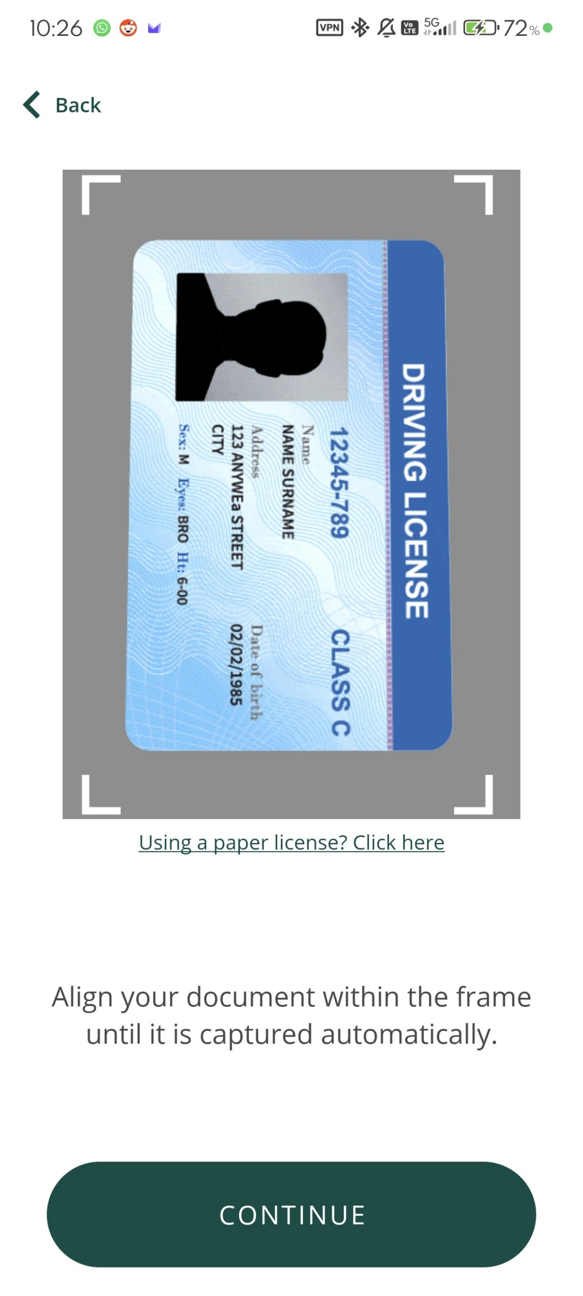 An image of the IDpal app showing how to capture and align a document correctly