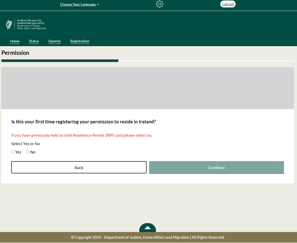 An image from the Irish immigration customer portal showing IRP selection for first time registration process