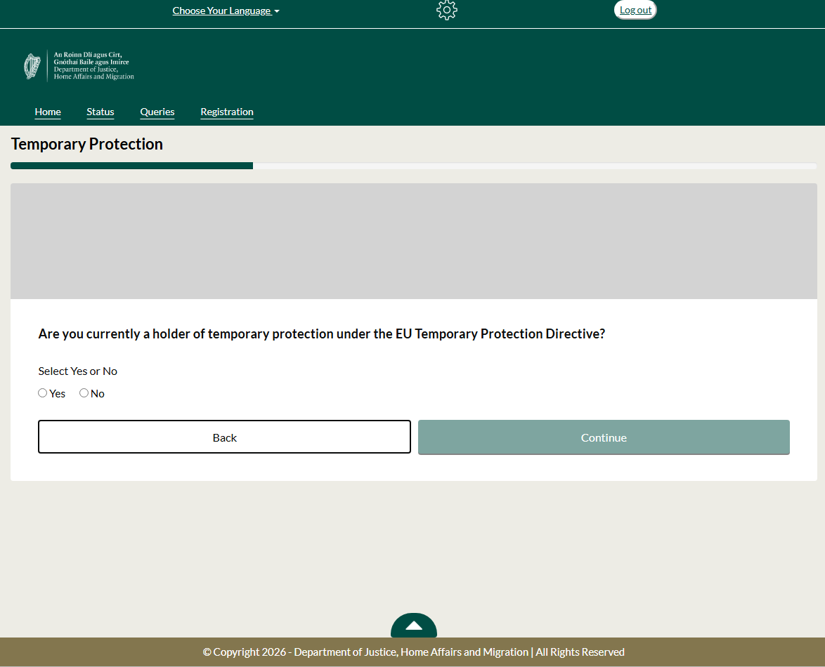 An image from the Irish immigration customer portal showing temporary protection selection for first time registration process