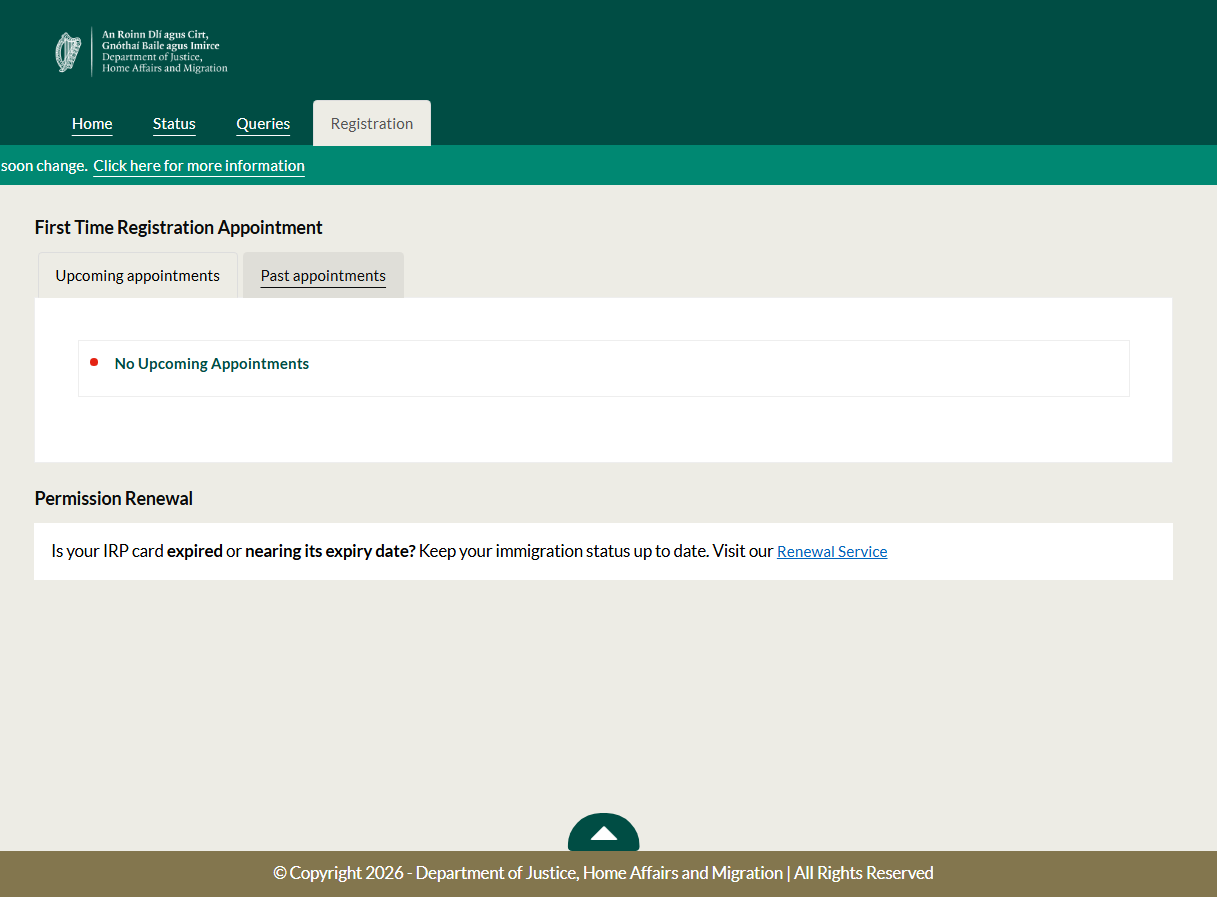 An image from the Irish immigration customer portal showing how to appointments for registration from the dashboard