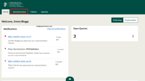 Captura de tela do Painel com a aba “Administração” selecionada