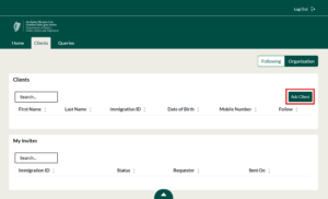 Captura de tela da aba “Organização” com o botão “Adicionar cliente” selecionado